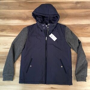 Reiss Jacket Mens Large Shapley Navy Blue Quilted Hybrid Hooded Wool Sleeve $520